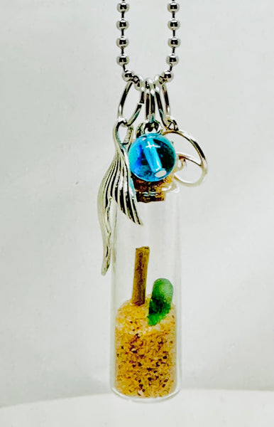Beach Bottle - White and green glass with turquoise bead