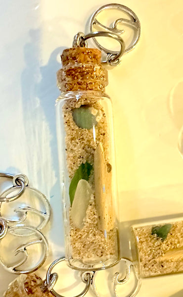 Beach Bottle, Lake Michigan Sand, natural beach glass, drift wood and a Leland Blue!