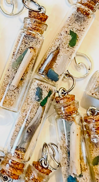 Beach Bottle, Lake Michigan Sand, natural beach glass, drift wood and a Leland Blue!